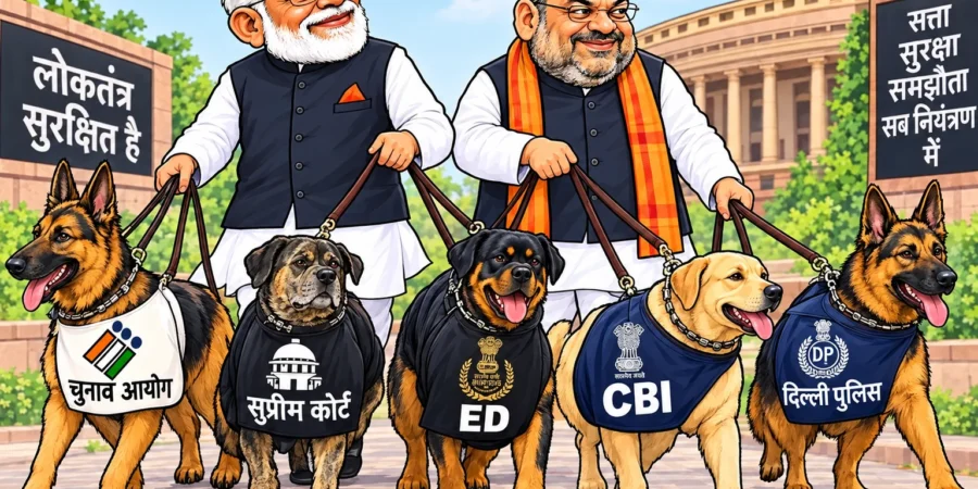 cartoon of modi amitshah controlling all agencies
